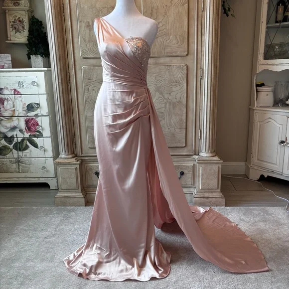 Dresses | New Rose Gold Dress With Drape Oneshoulder Dress Prom Dress Nwot  Size 4 | Poshmark